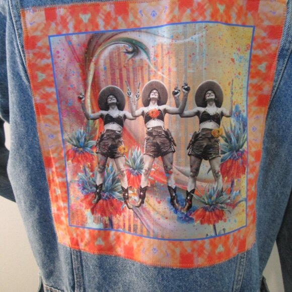 Boho Kantha Denim Jacket, Artisan Crafted Patchwork Distressed Jean Jacket M - Picture 8 of 9